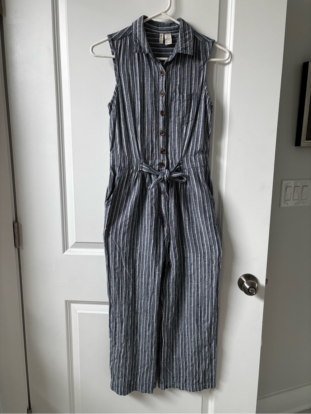 Japna Sleeveless Striped Button-Front Jumpsuit in Navy and White